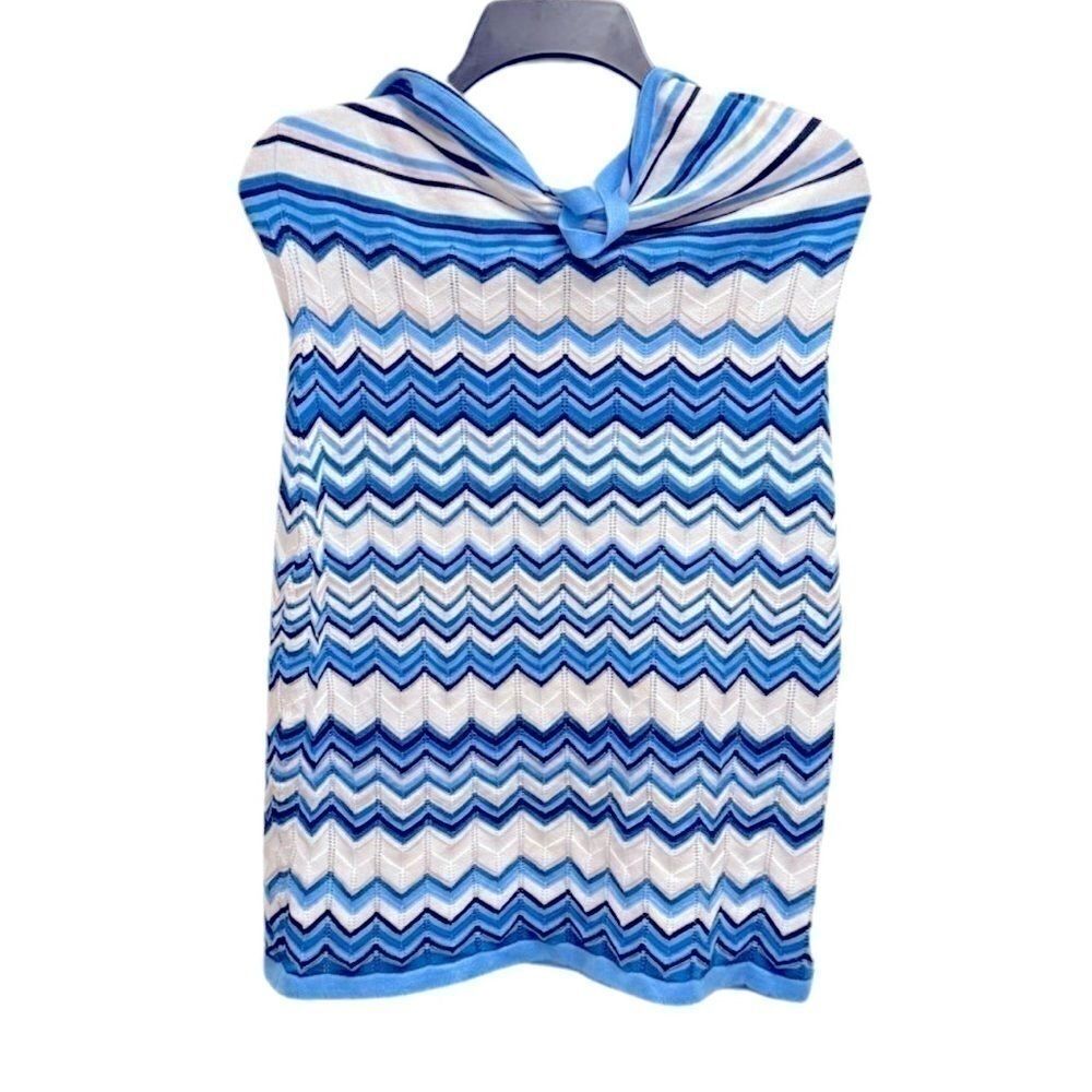 Crave Fame Blue & White Chevron Open Weave Knit Halter Dress- Size Large - Picture 3 of 6
